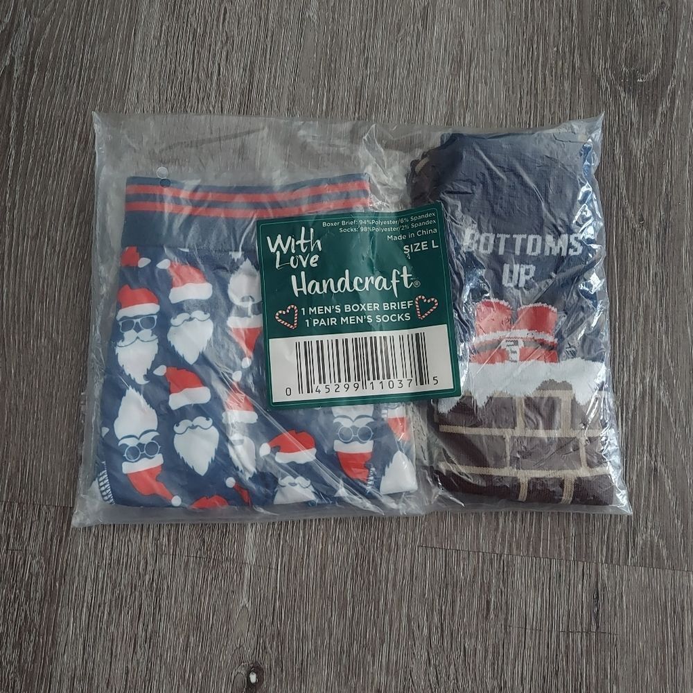 Handcraft Men's Santa Boxer Brief and Socks Set - Navy Blue, Large